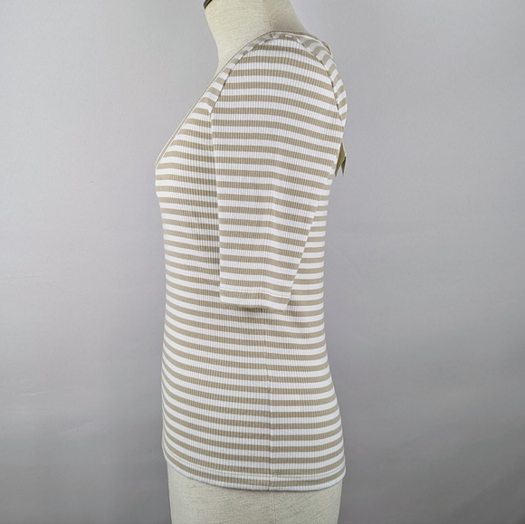 Faherty Tee Freestyle Rib Knit Short Sleeve Pima Blend Neutral Desi Stripe M NWT - Picture 8 of 14